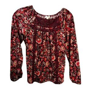 Boho Floral Print Long Sleeve Blouse With Crochet Detail Womens Size L By Inseta